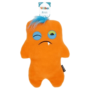 Orange monster dog toy with blue hair and fang in mouth